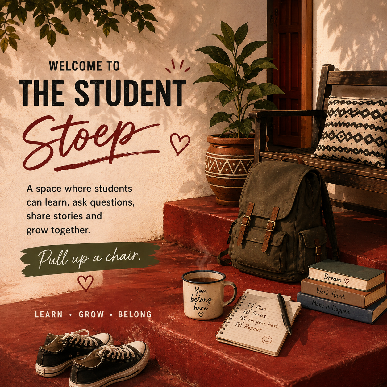 A warm Student Stoep scene with a red stoep, chair, books, bag and coffee mug.